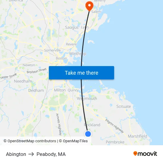 Abington to Peabody, MA map