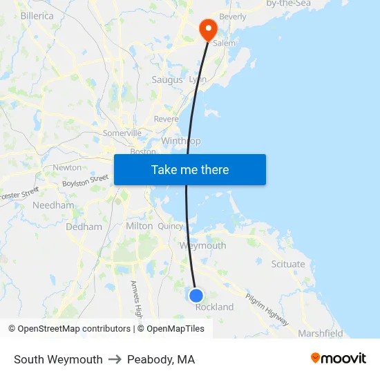 South Weymouth to Peabody, MA map