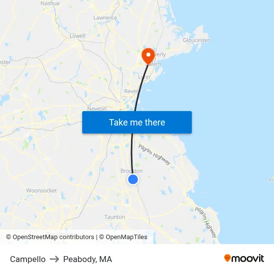 Campello to Peabody, MA map