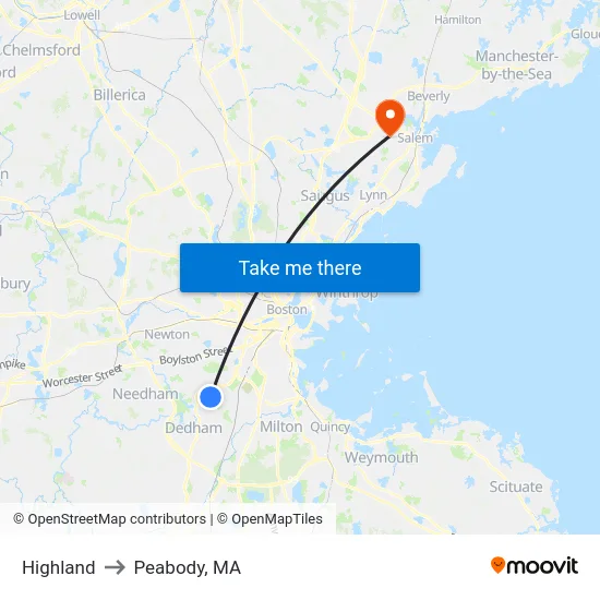 Highland to Peabody, MA map