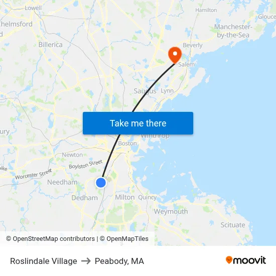 Roslindale Village to Peabody, MA map