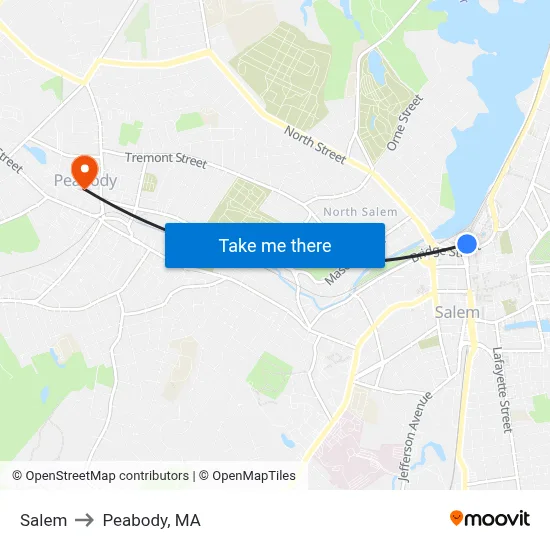 Salem to Peabody, MA map