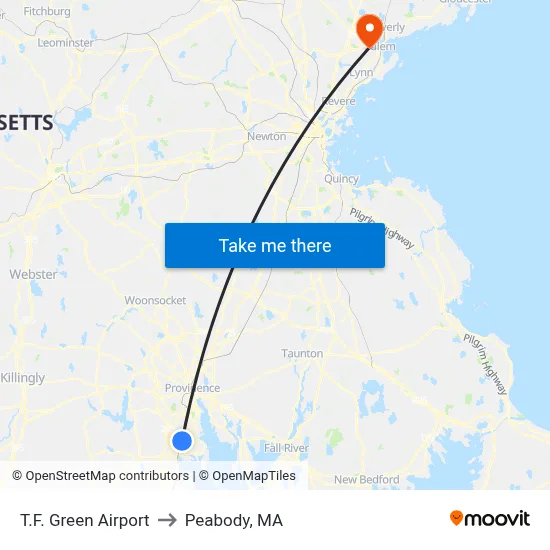 T.F. Green Airport to Peabody, MA map