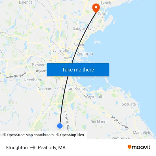 Stoughton to Peabody, MA map