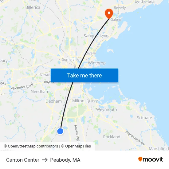 Canton Center to Peabody, MA map