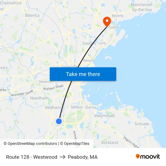 Route 128 - Westwood to Peabody, MA map