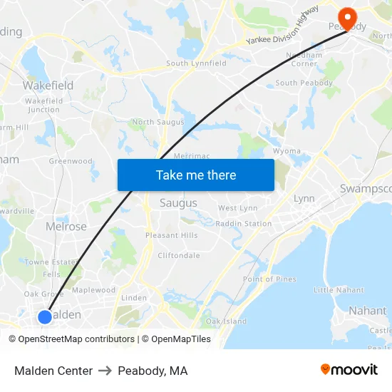 Malden Center to Peabody, MA map