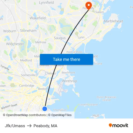 Jfk/Umass to Peabody, MA map