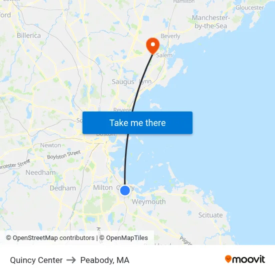 Quincy Center to Peabody, MA map