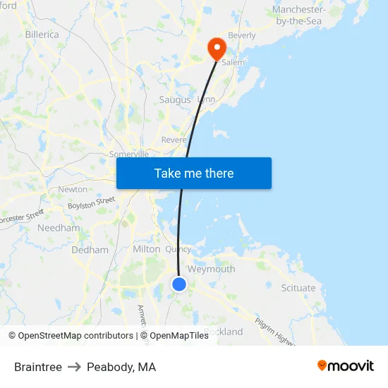 Braintree to Peabody, MA map