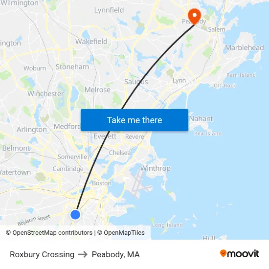 Roxbury Crossing to Peabody, MA map