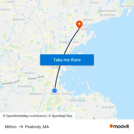 Milton to Peabody, MA map