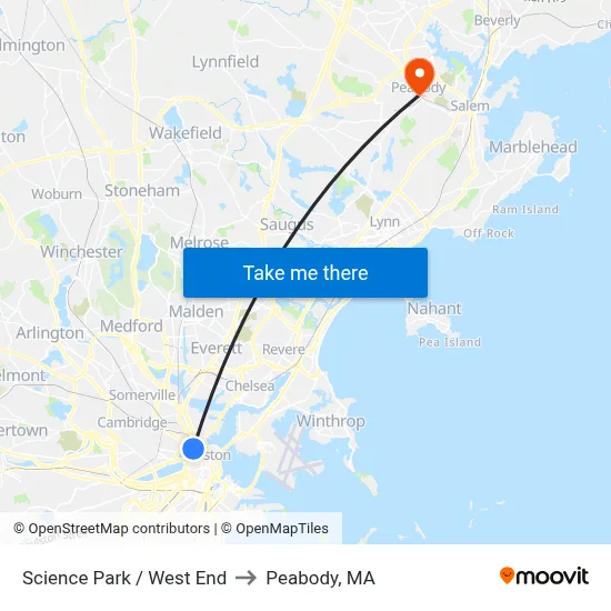 Science Park / West End to Peabody, MA map