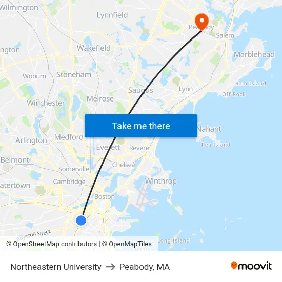 Northeastern University to Peabody, MA map