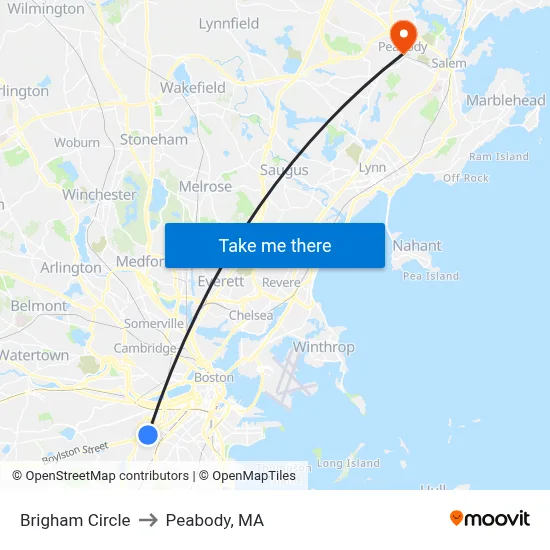 Brigham Circle to Peabody, MA map