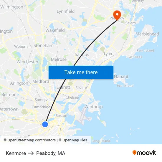 Kenmore to Peabody, MA map