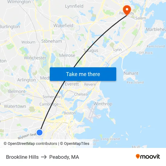 Brookline Hills to Peabody, MA map