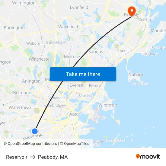 Reservoir to Peabody, MA map