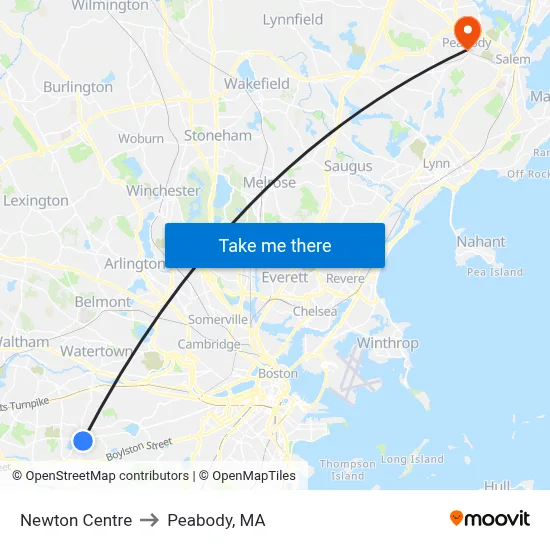 Newton Centre to Peabody, MA map