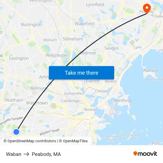 Waban to Peabody, MA map