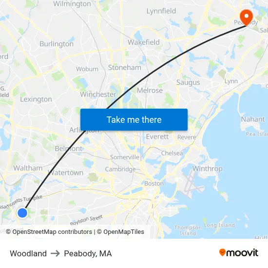 Woodland to Peabody, MA map