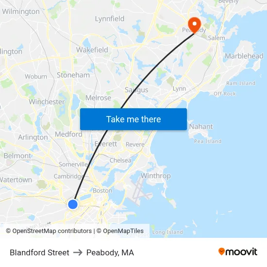 Blandford Street to Peabody, MA map