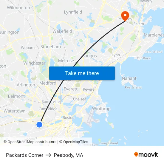 Packards Corner to Peabody, MA map
