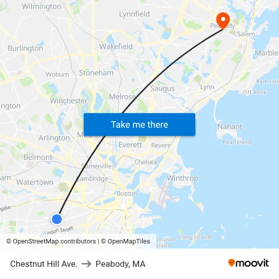 Chestnut Hill Ave. to Peabody, MA map