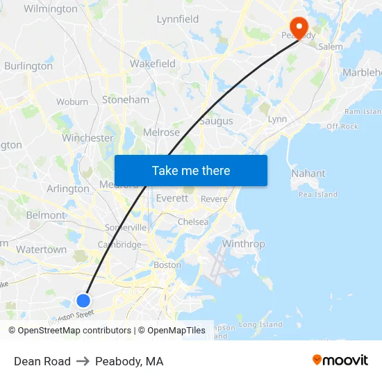 Dean Road to Peabody, MA map
