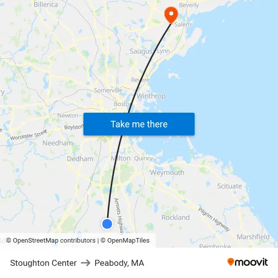 Stoughton Center to Peabody, MA map