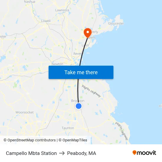 Campello Mbta Station to Peabody, MA map