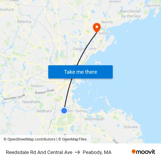 Reedsdale Rd And Central Ave to Peabody, MA map
