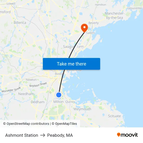 Ashmont Station to Peabody, MA map