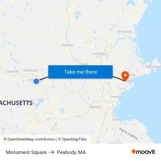 Monument Square to Peabody, MA map
