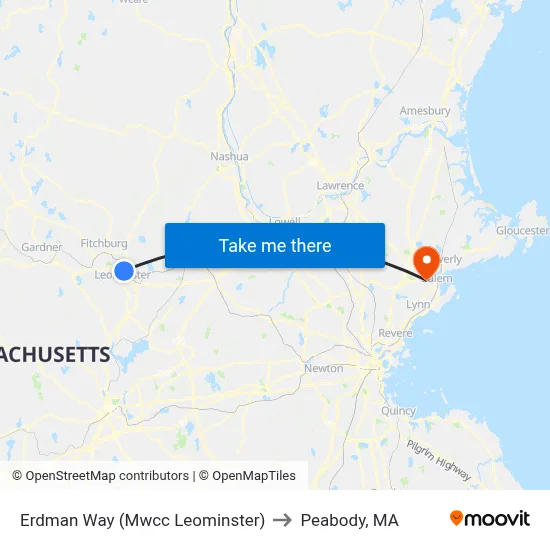 Erdman Way (Mwcc Leominster) to Peabody, MA map
