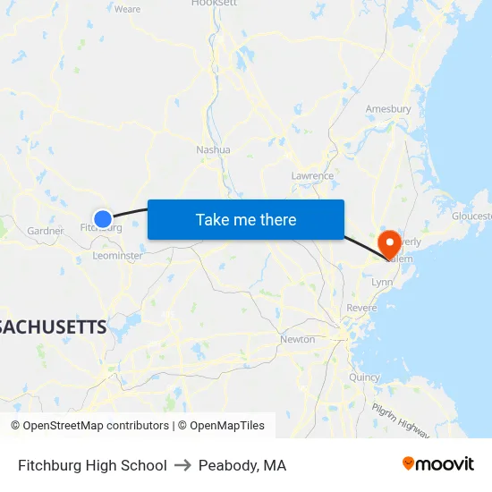 Fitchburg High School to Peabody, MA map