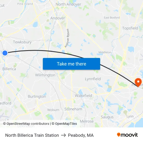North Billerica Train Station to Peabody, MA map