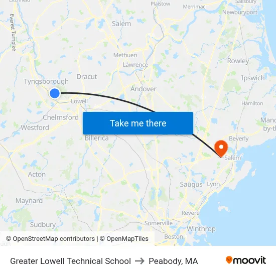 Greater Lowell Technical School to Peabody, MA map