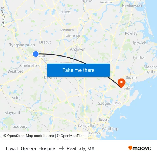 Lowell General Hospital to Peabody, MA map