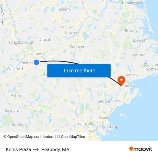 Kohls Plaza to Peabody, MA map