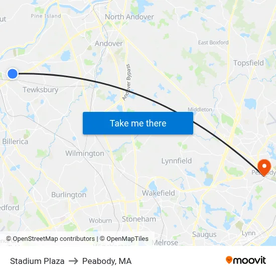 Stadium Plaza to Peabody, MA map