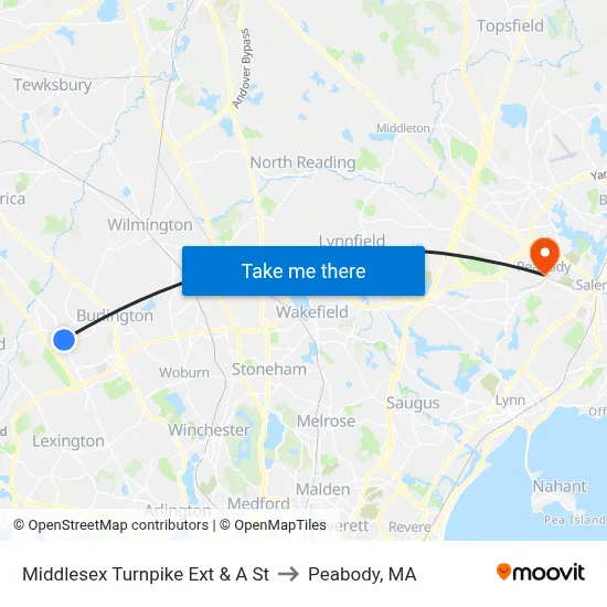 Middlesex Turnpike Ext & A St to Peabody, MA map