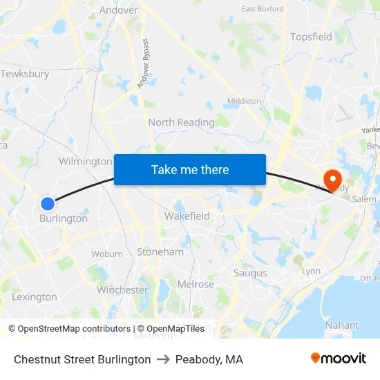 Chestnut Street Burlington to Peabody, MA map
