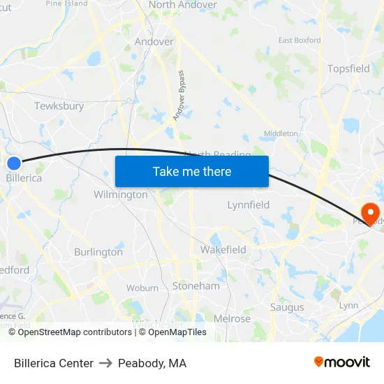 Billerica Center to Peabody, MA map