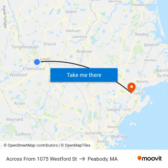 Across From 1075 Westford St to Peabody, MA map