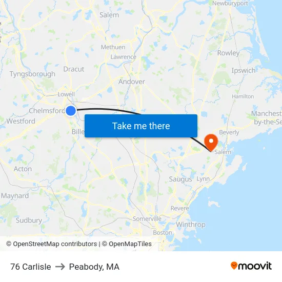 76 Carlisle to Peabody, MA map