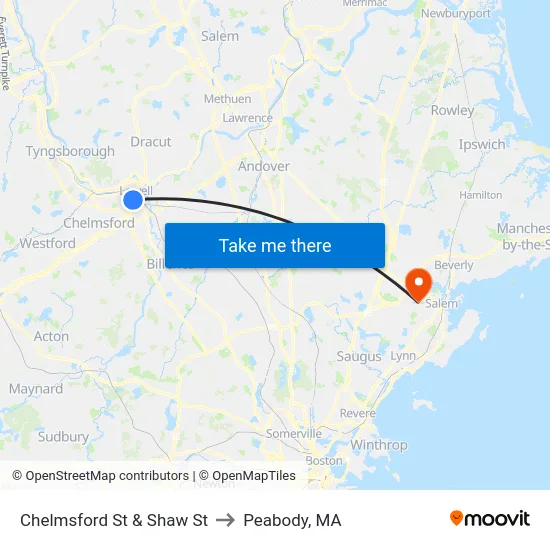 Chelmsford St & Shaw St to Peabody, MA map