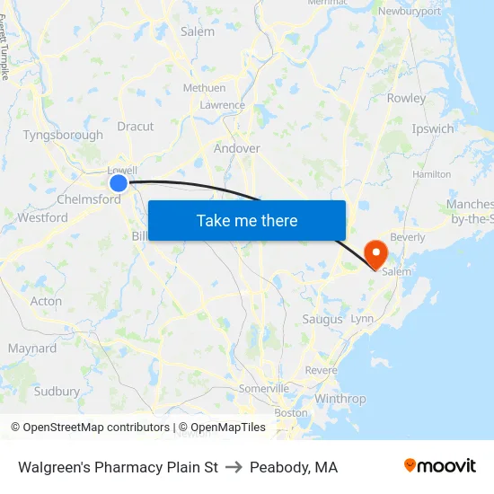 Walgreen's Pharmacy Plain St to Peabody, MA map