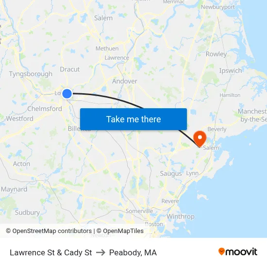 Lawrence St & Cady St to Peabody, MA map