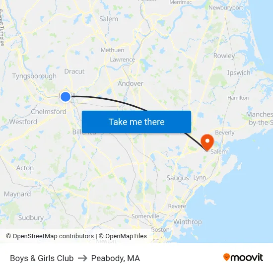 Boys & Girls Club to Peabody, MA map
